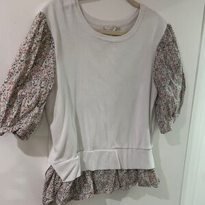 Anthropologie Ivory Pullover with Floral Puff Sleeves